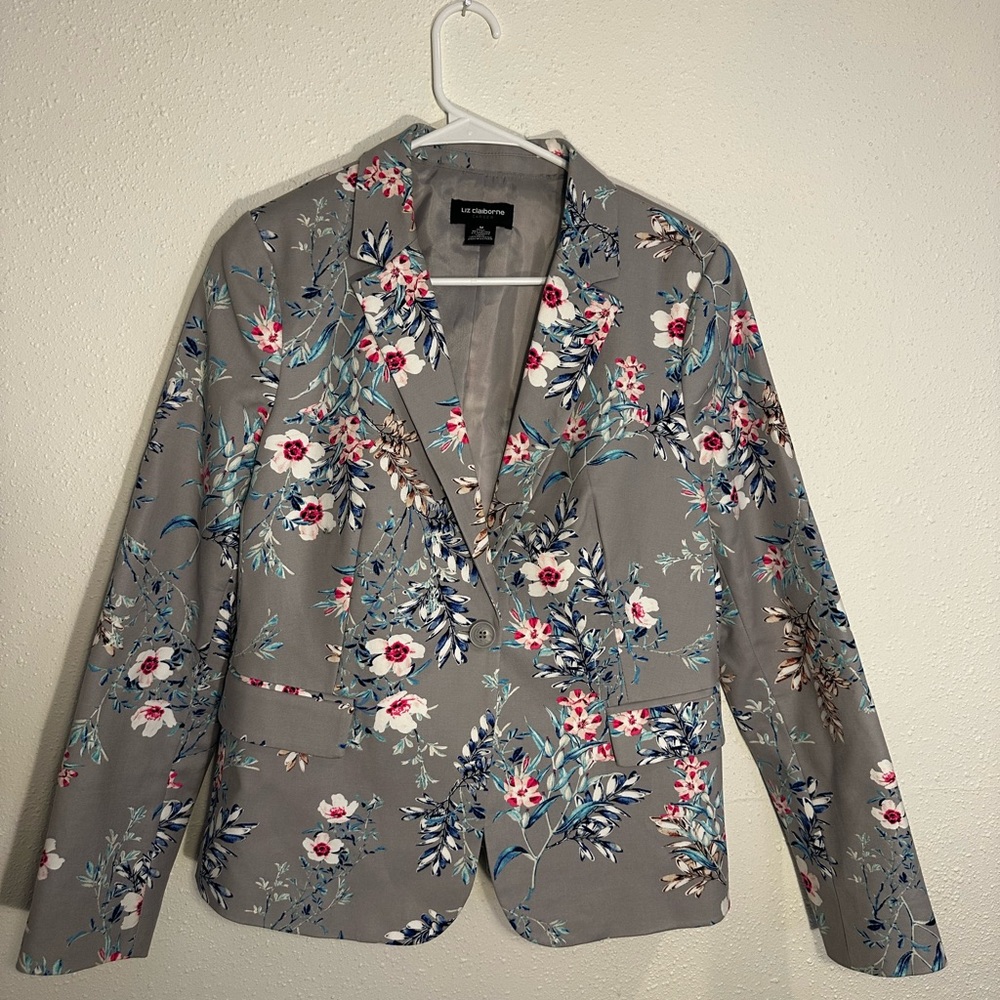Liz Claiborne Gray Floral Blazer with Blue and Pink Accents